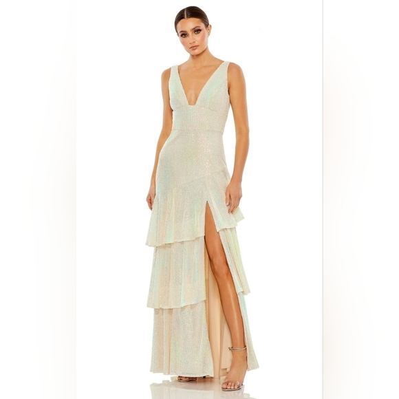 Ieena for Mac Duggal, Sequin Asymmetric Tiered Gown, Iridescent, Size 8,MSRP$398 - Picture 1 of 11